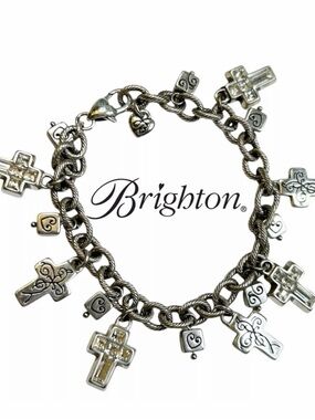 New Brighton Retired Silver Tone Cross Charm Bracelet Vintage 7.5”